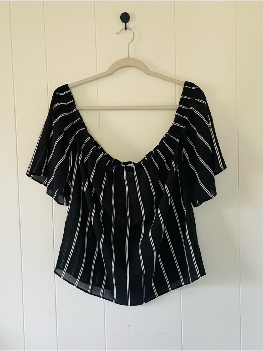 White House Black Market Black and White Vertical Stripe Off-Shoulder Top